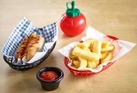 Red & Black Fast Food Baskets with Food and Ketchup Dispenser